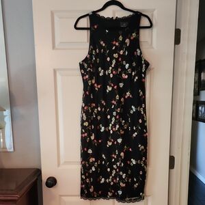Adrianna Papell Chic Black Floral Midi Dress Size 16 Womens